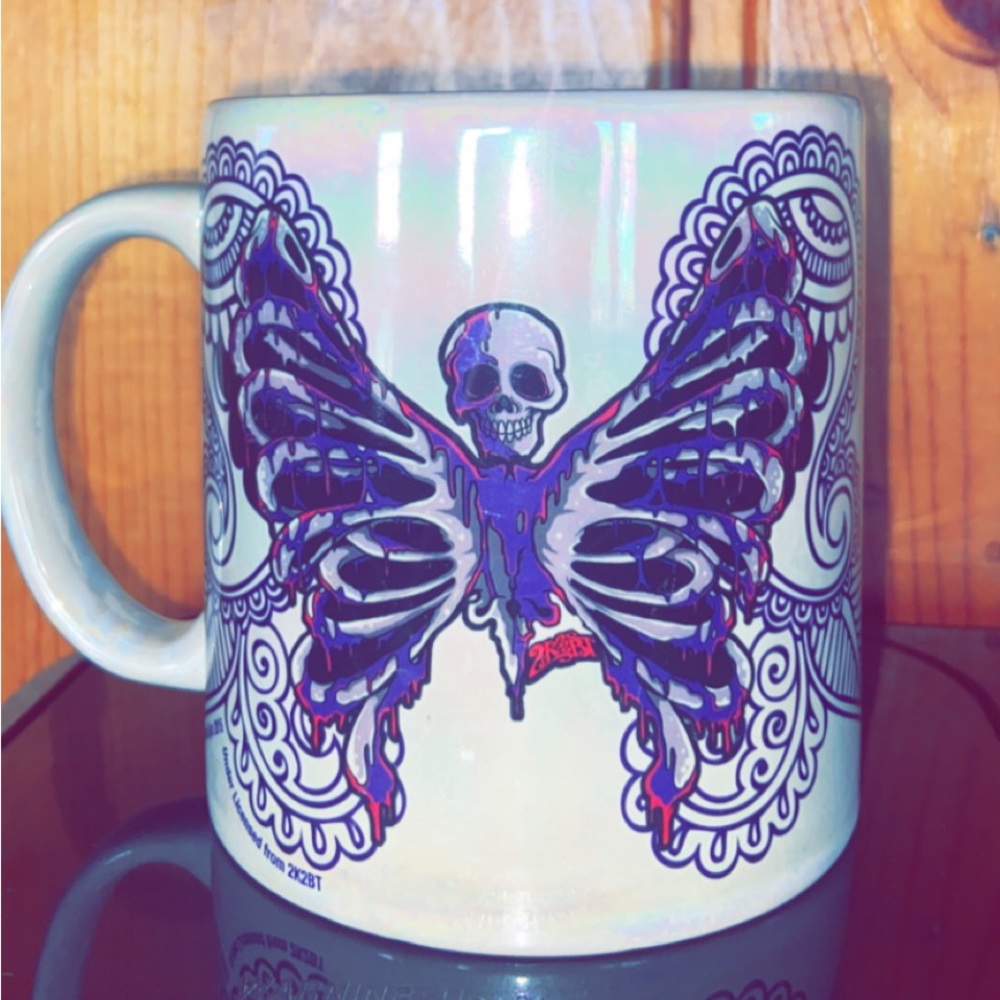 Big, beautiful butterfly skull coffee mug, colorful, shiny, unique, artsy